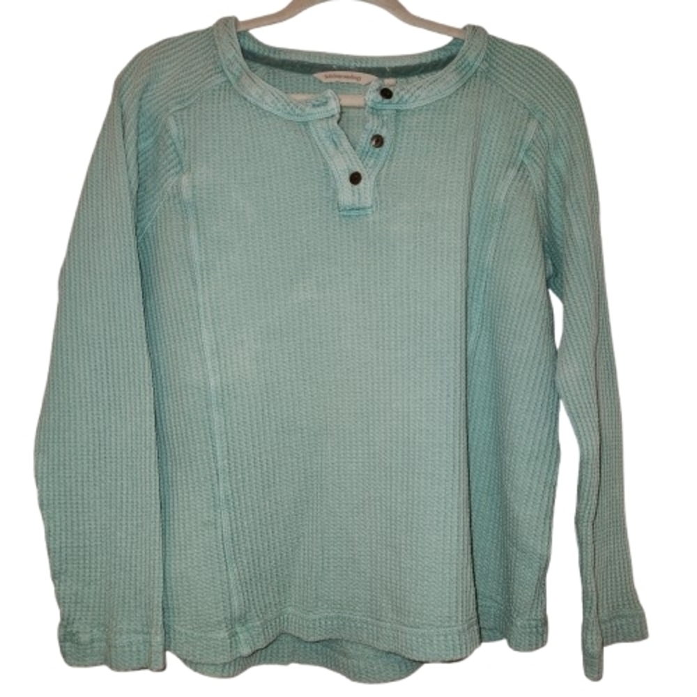 Soft Surroundings Mint Green Waffle Knit Henley Top Size L 100% Cotton Thermal